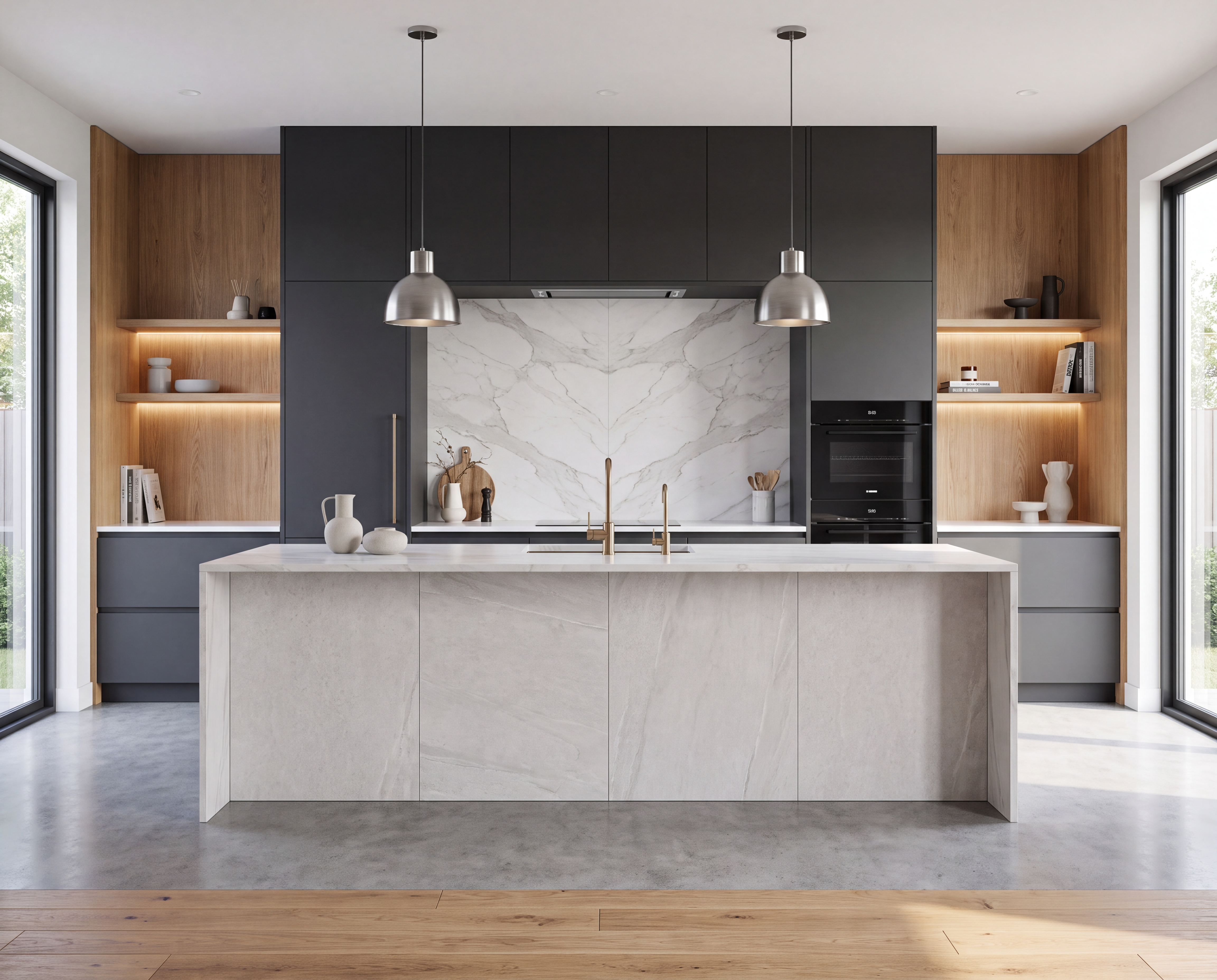 contemporary kitchen marble wood tiles dark and light