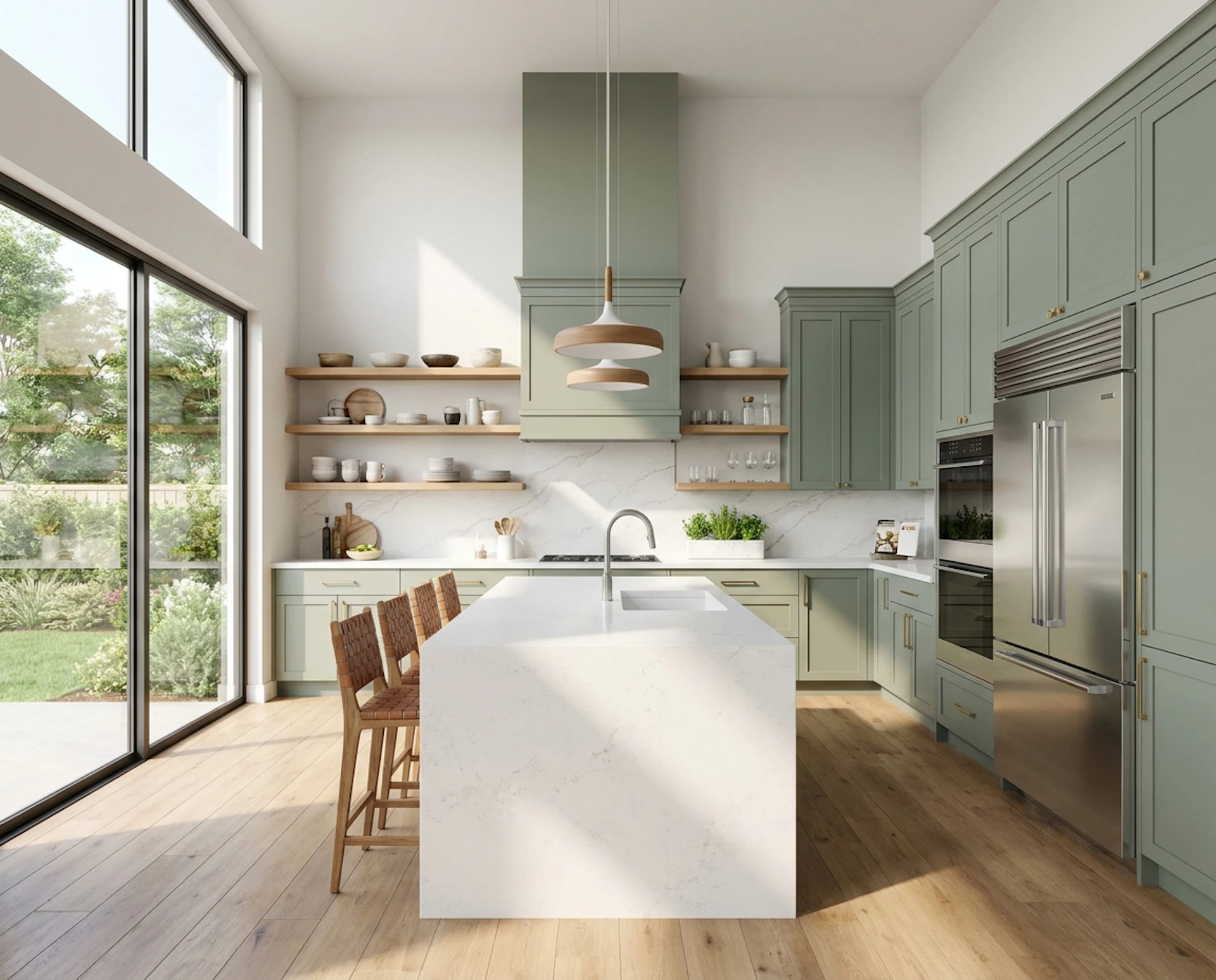 A modern kitchen featuring sage green cabinetry, a large white marble island with a built-in sink, wooden stools, stainless steel appliances, and open shelving adorned with ceramics, all illuminated by natural light from expansive windows overlooking a garden.