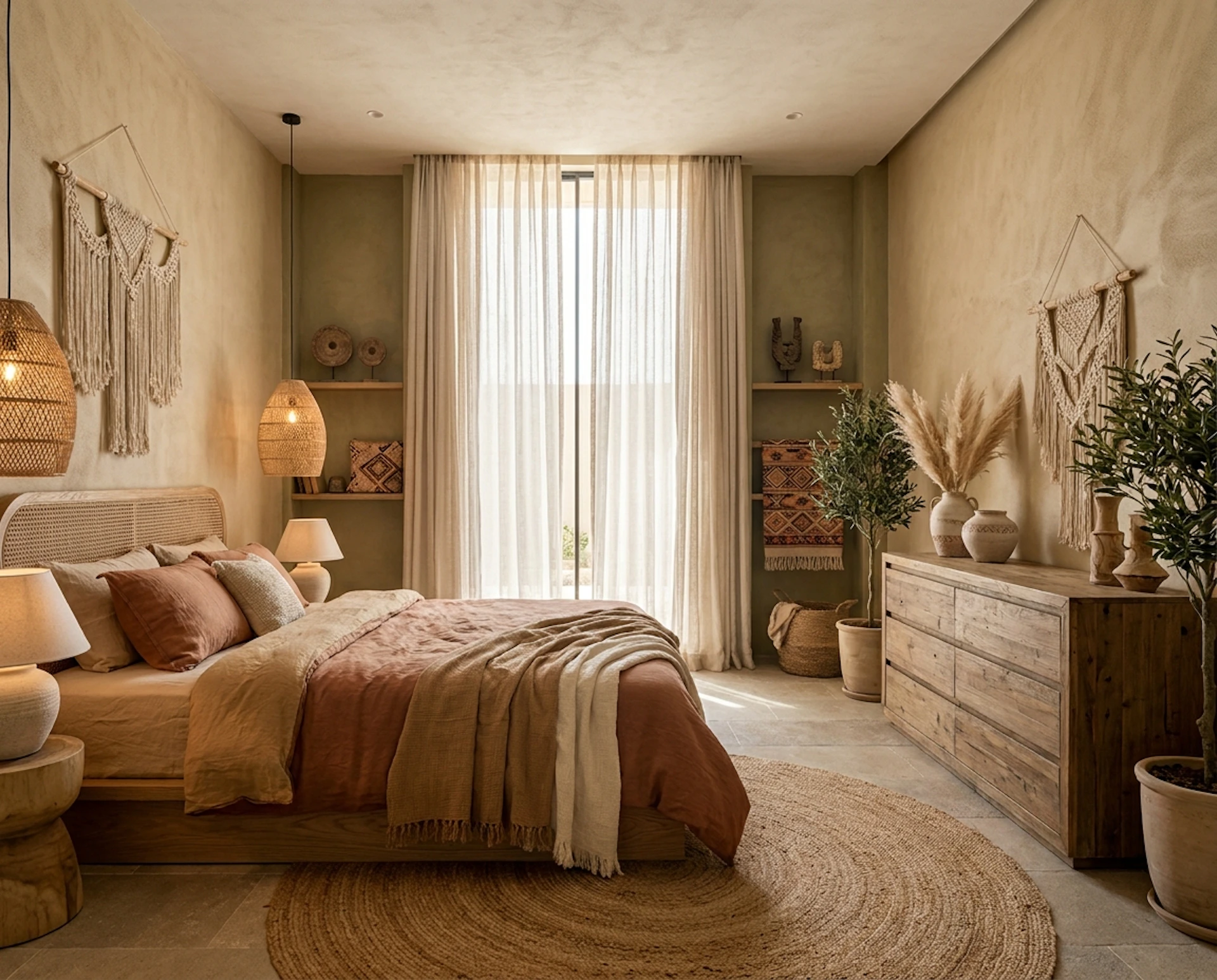 The image shows a cozy bohemian bedroom with colorful tapestries, lush green plants, and a wooden bed adorned with vibrant, patchwork quilts, creating a warm, inviting atmosphere.