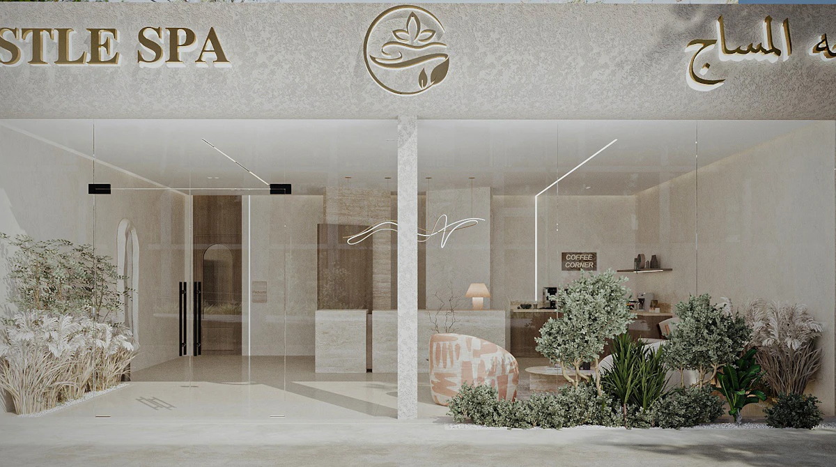 Luxury spa entrance with elegant stone finishes, warm ambient lighting, and a welcoming contemporary design in Riyadh.
