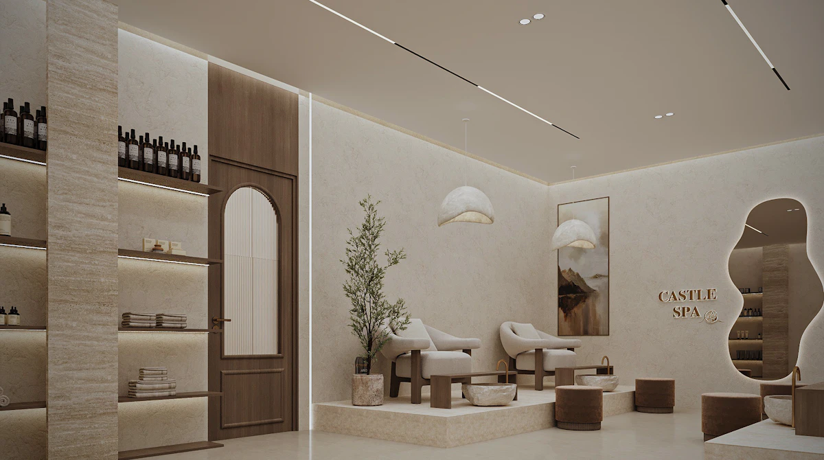 Luxury manicure and nail care area featuring custom workstations, ambient lighting, and contemporary décor.