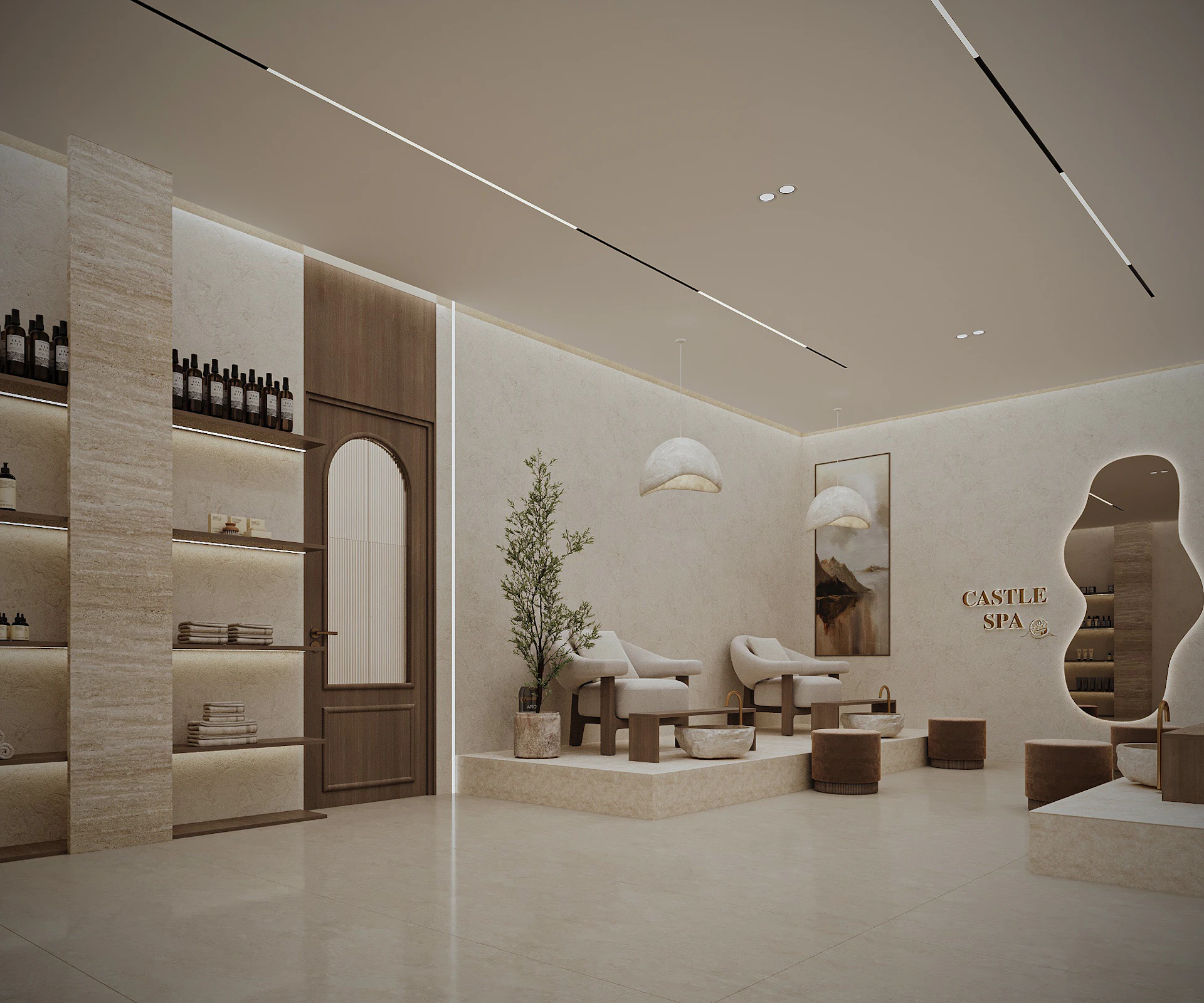Luxury manicure and nail care area featuring custom workstations, ambient lighting, and contemporary décor.