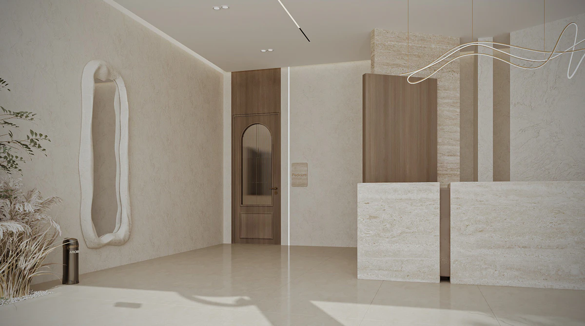 Luxury spa corridor designed with warm neutral tones, architectural lighting, and a peaceful ambiance.