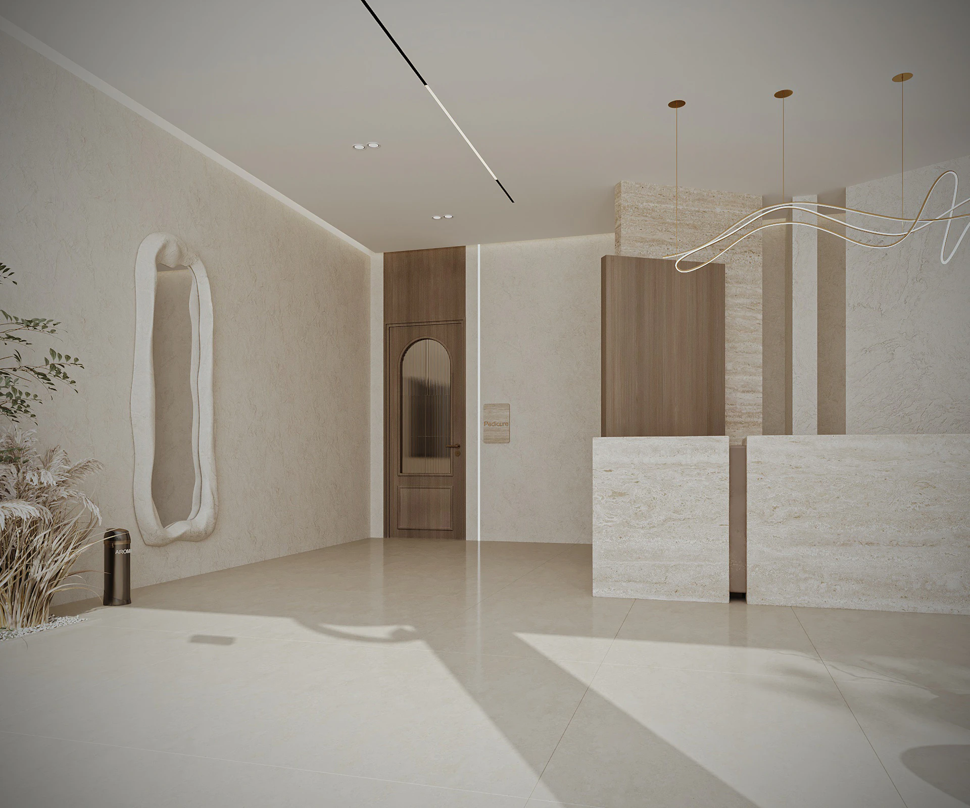Luxury spa corridor designed with warm neutral tones, architectural lighting, and a peaceful ambiance.
