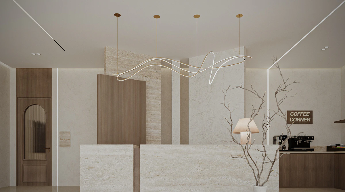 Modern spa reception featuring a squared reception desk, natural textures, soft lighting, and a luxurious waiting area.