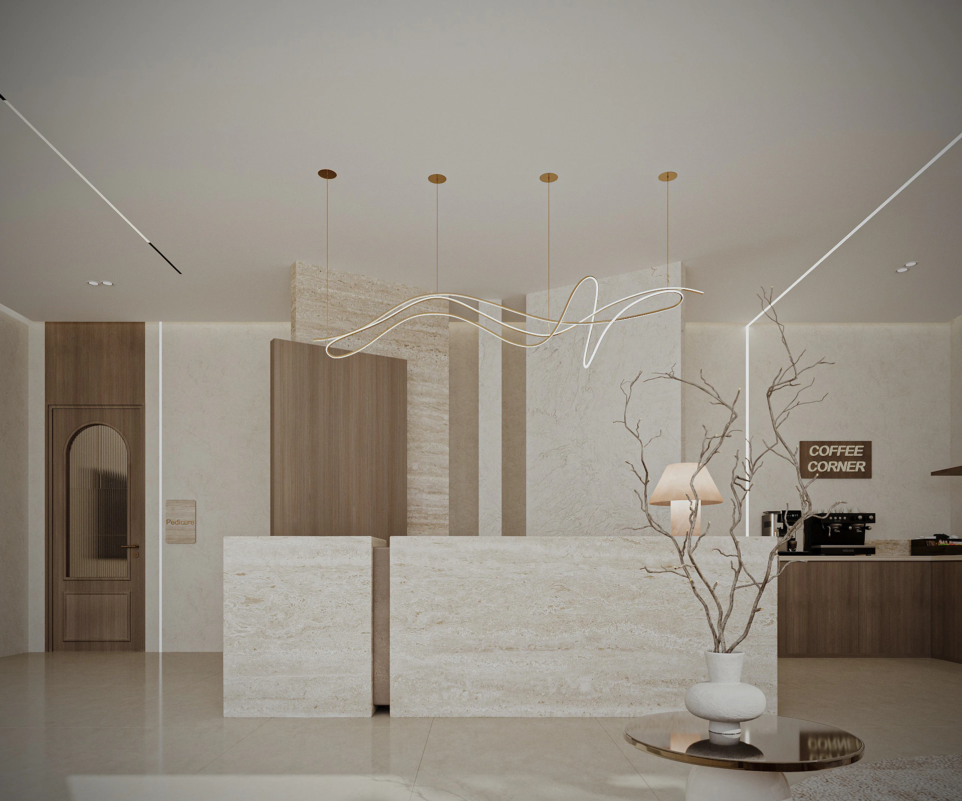 Modern spa reception featuring a squared reception desk, natural textures, soft lighting, and a luxurious waiting area.