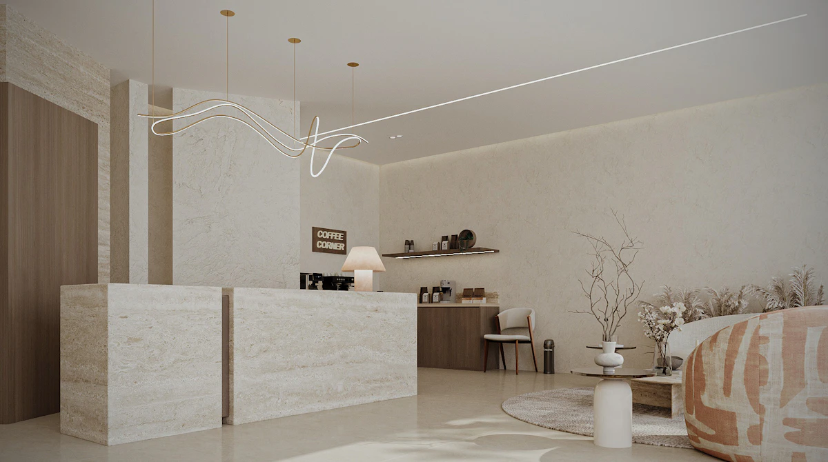 Modern spa reception featuring a curved reception desk, natural textures, soft lighting, and a luxurious waiting area.