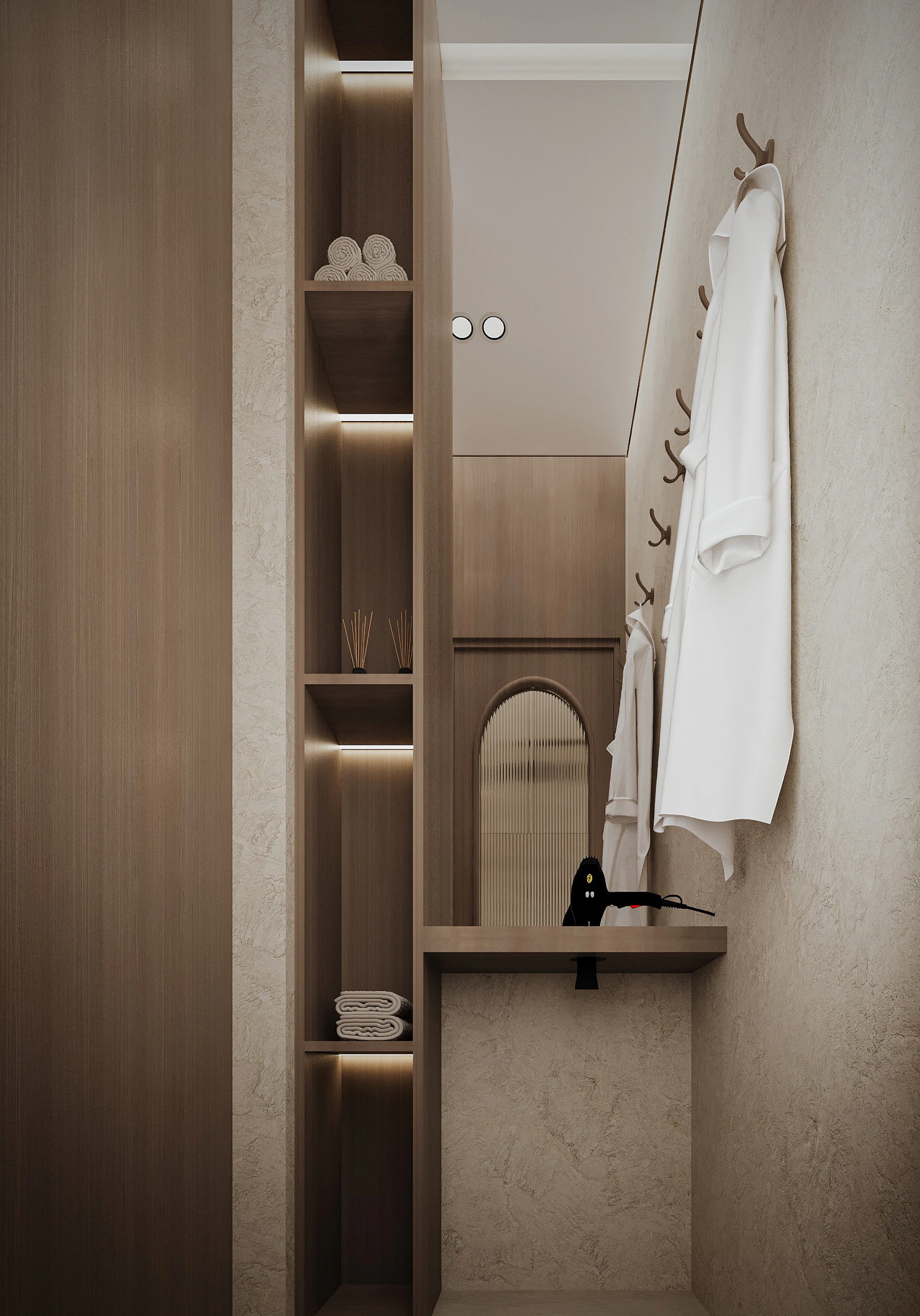 Spa treatment hallway showcasing minimalist architecture, concealed lighting, and refined natural materials.