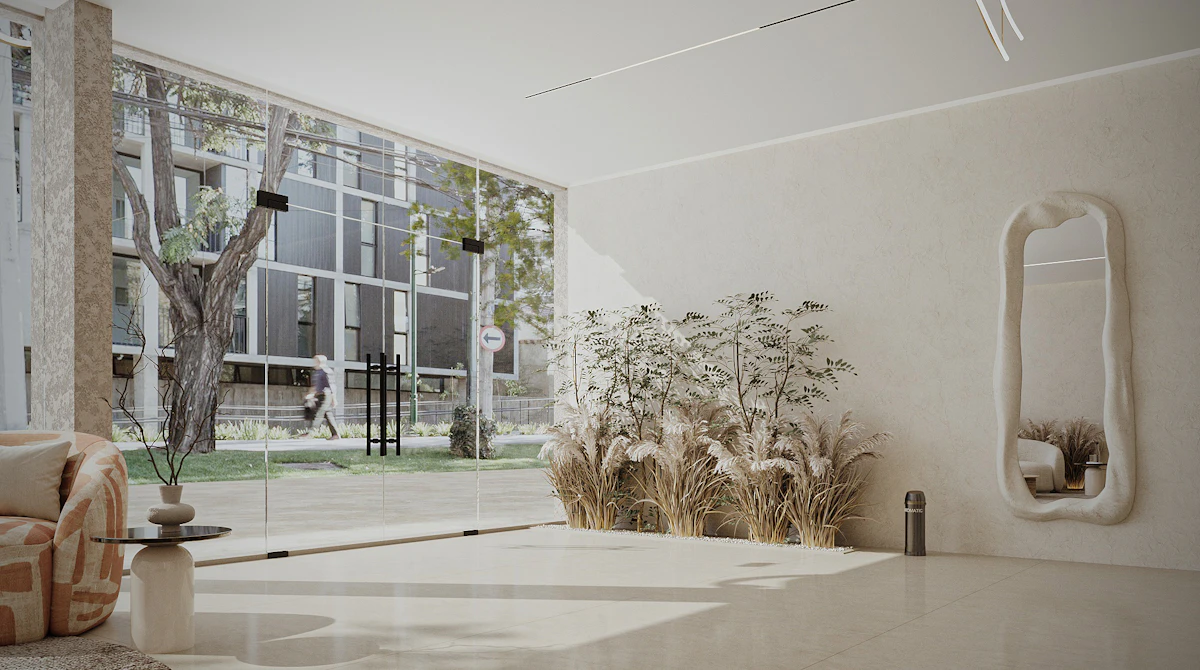Contemporary spa reception area with minimalist interiors, premium materials, and a calming wellness atmosphere.