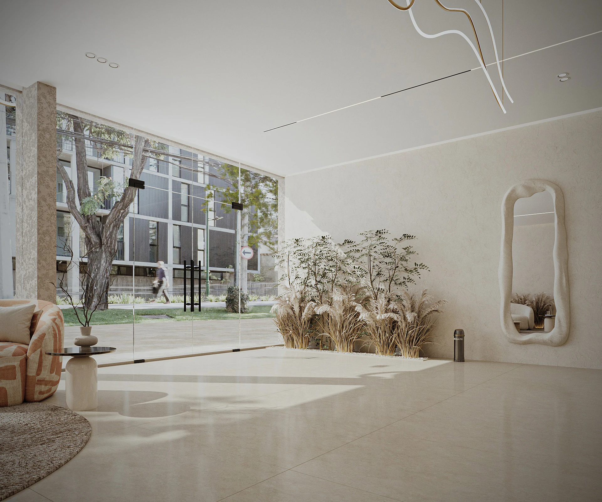 Contemporary spa reception area with minimalist interiors, premium materials, and a calming wellness atmosphere.