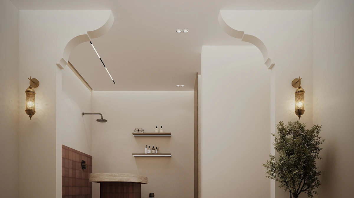 Elegant Moroccan hammam room designed with textured surfaces, soft lighting, and a relaxing wellness atmosphere.