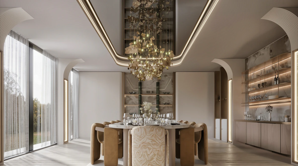 طاولة طعام عصرية وإضاءة مميزة في تصميم داخلي فاخر بالرياض