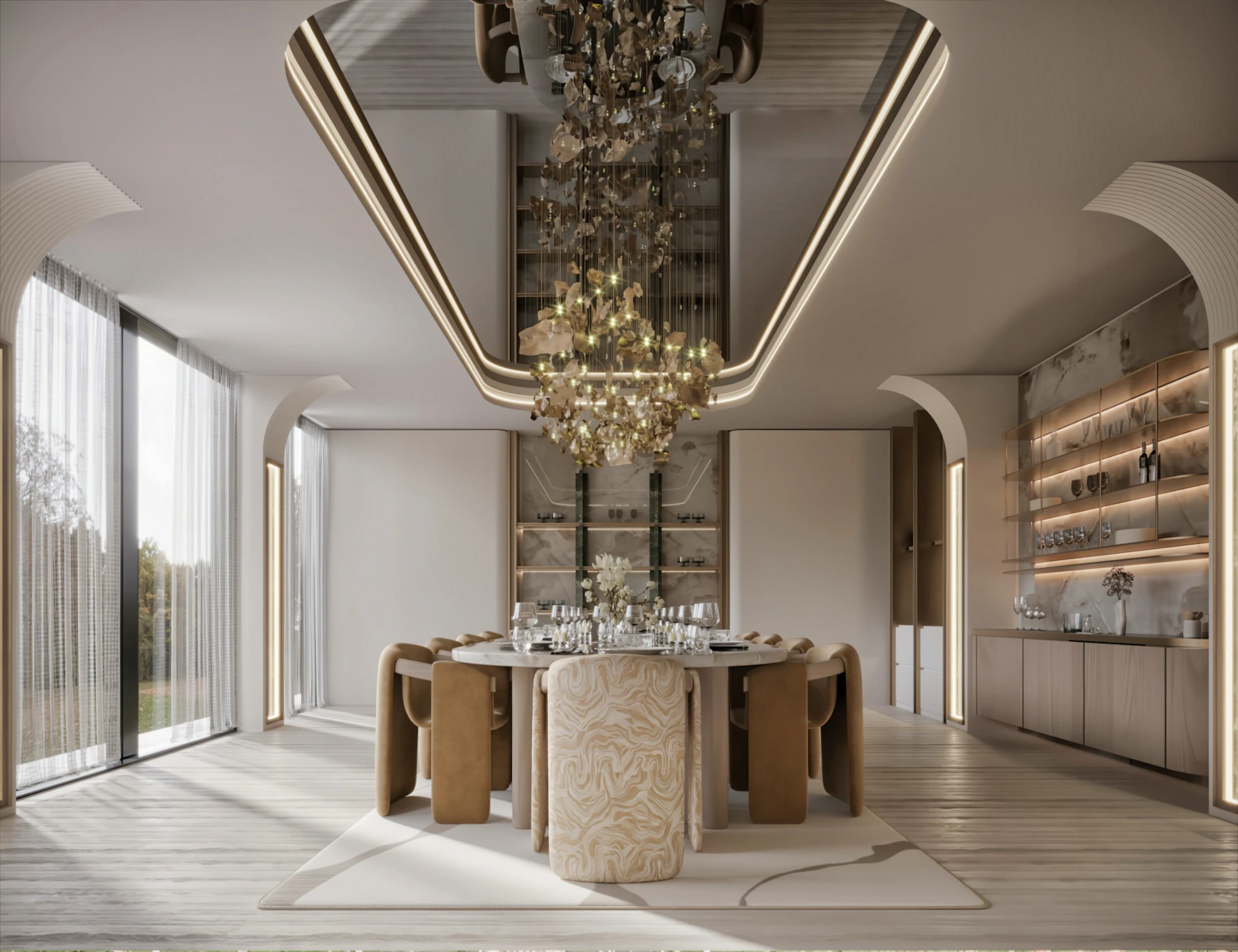 طاولة طعام عصرية وإضاءة مميزة في تصميم داخلي فاخر بالرياض