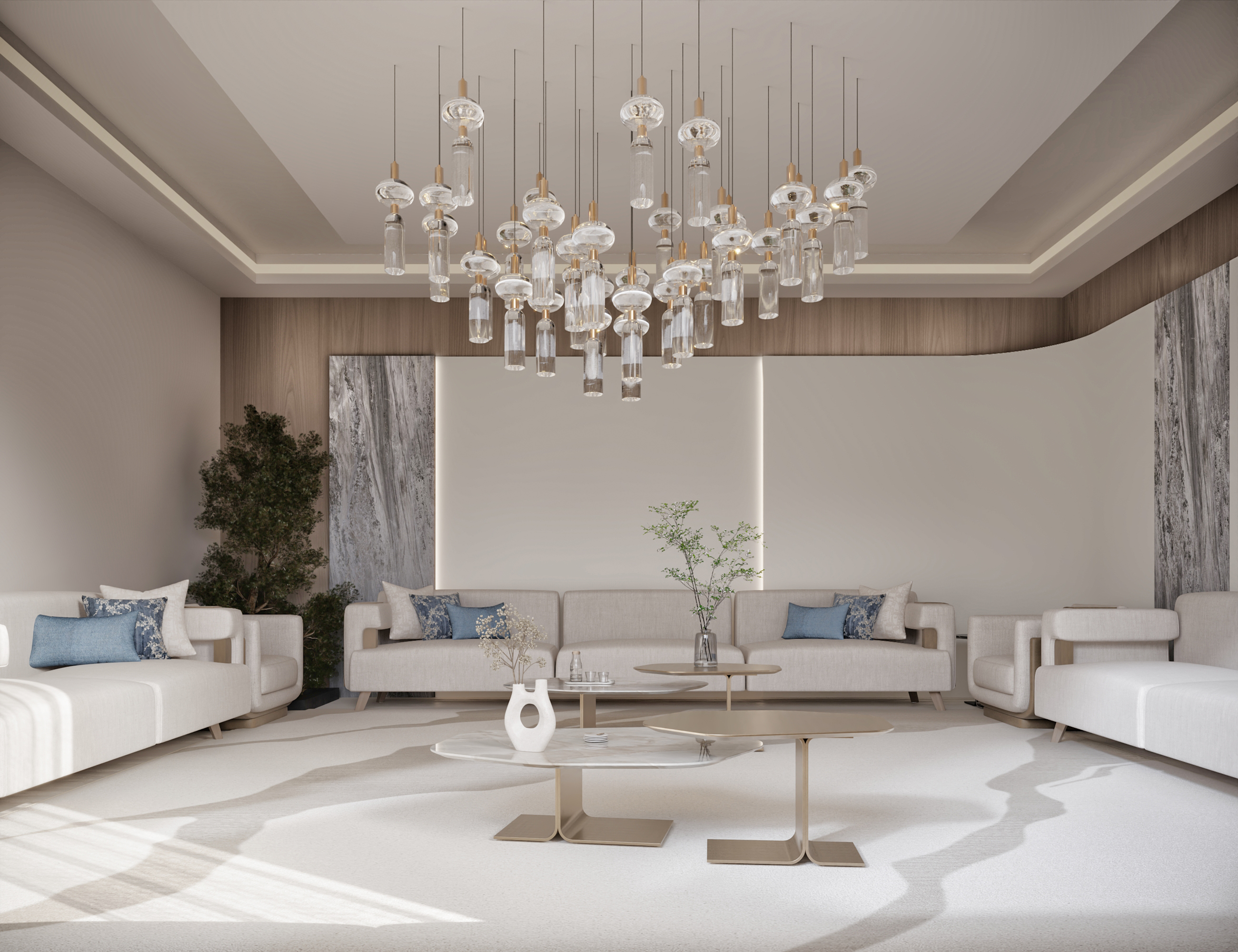 Elegant Saudi majlis with neutral tones and sophisticated modern interiors