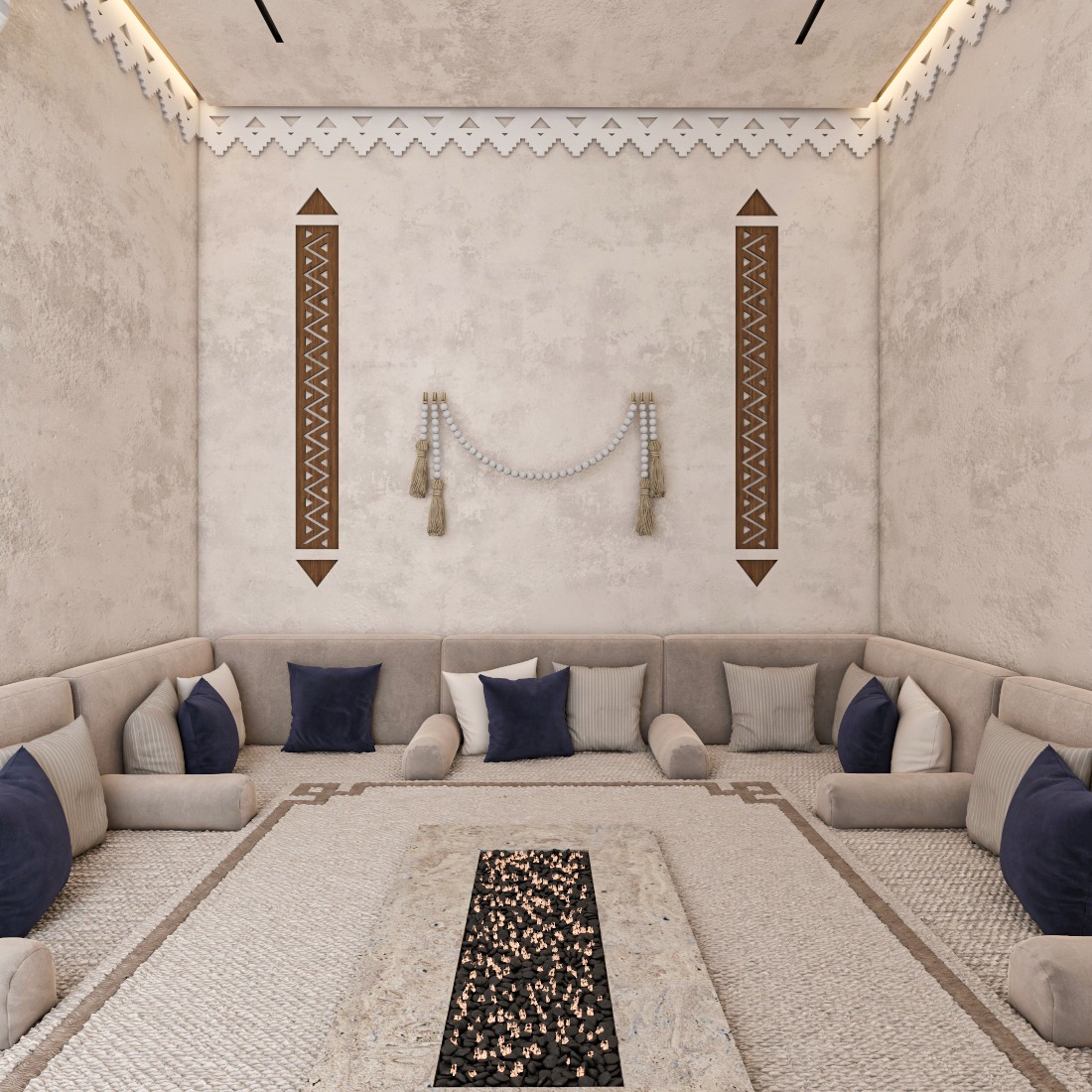 Najdi-inspired outdoor gathering space with geometric architectural details