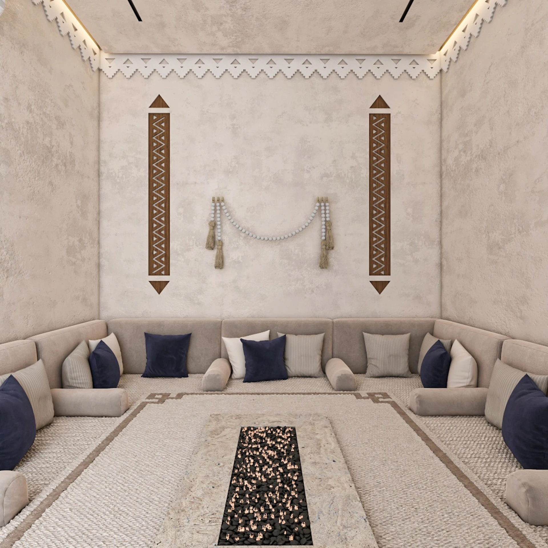 Najdi-inspired outdoor gathering space with geometric architectural details