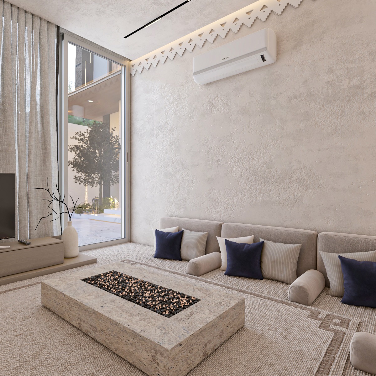 Modern Saudi majlis featuring a refined outdoor seating arrangement