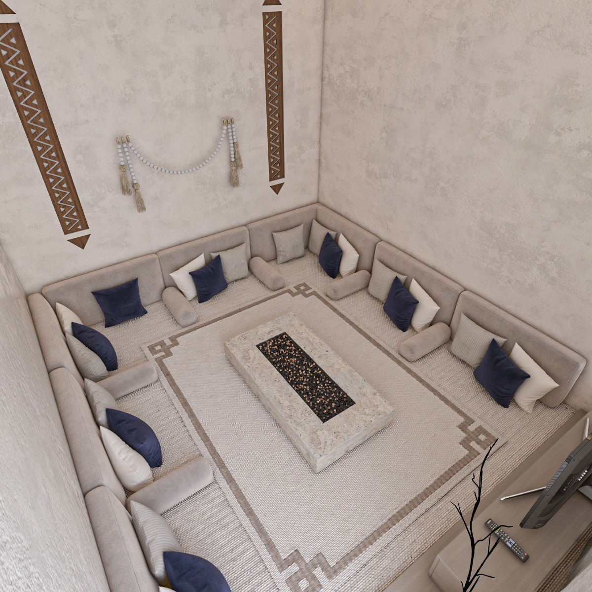 Traditional Najdi design elements incorporated into a contemporary Diwaniya