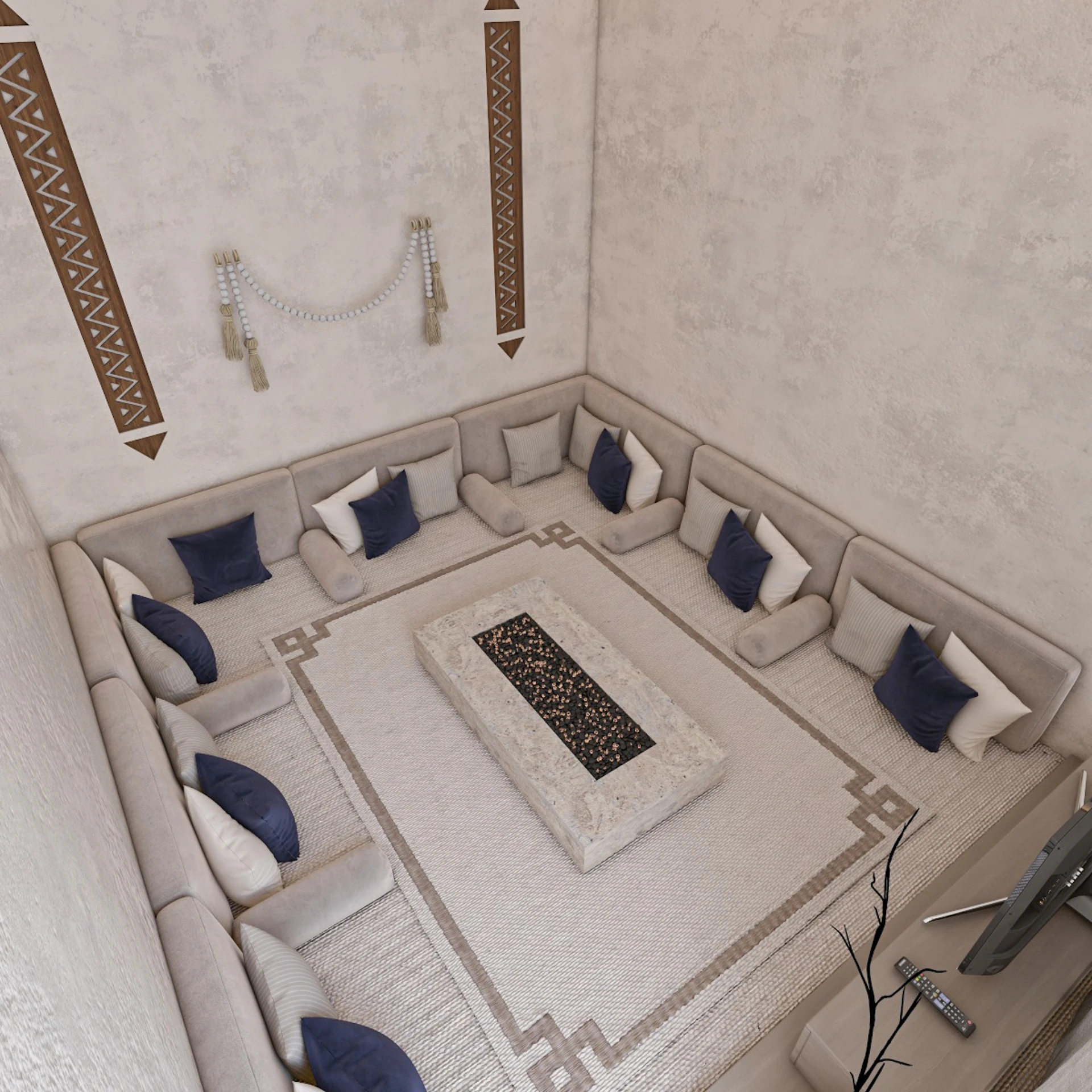Traditional Najdi design elements incorporated into a contemporary Diwaniya