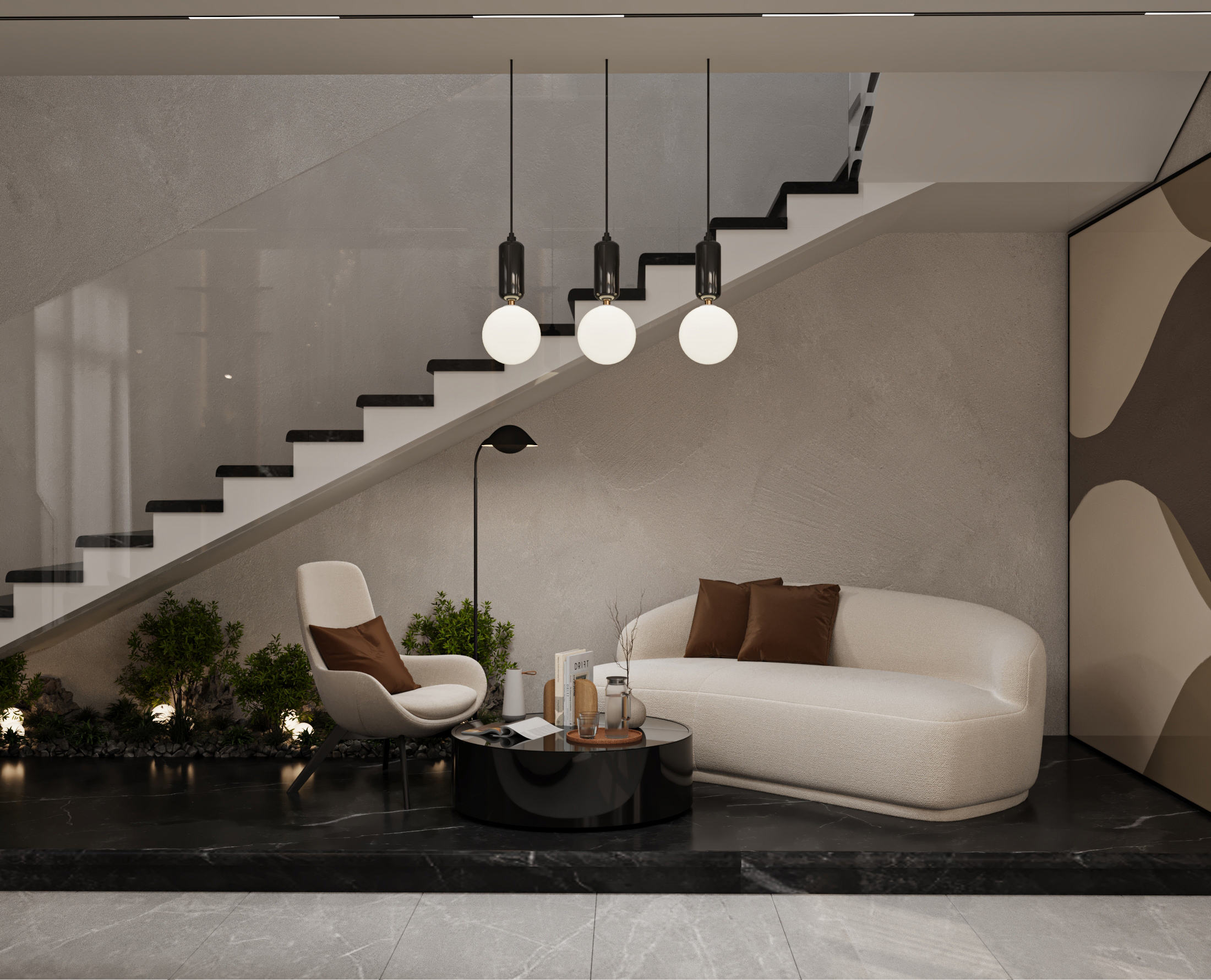Contemporary Riyadh living room with a statement wall art installation, layered textures, and luxurious materials.