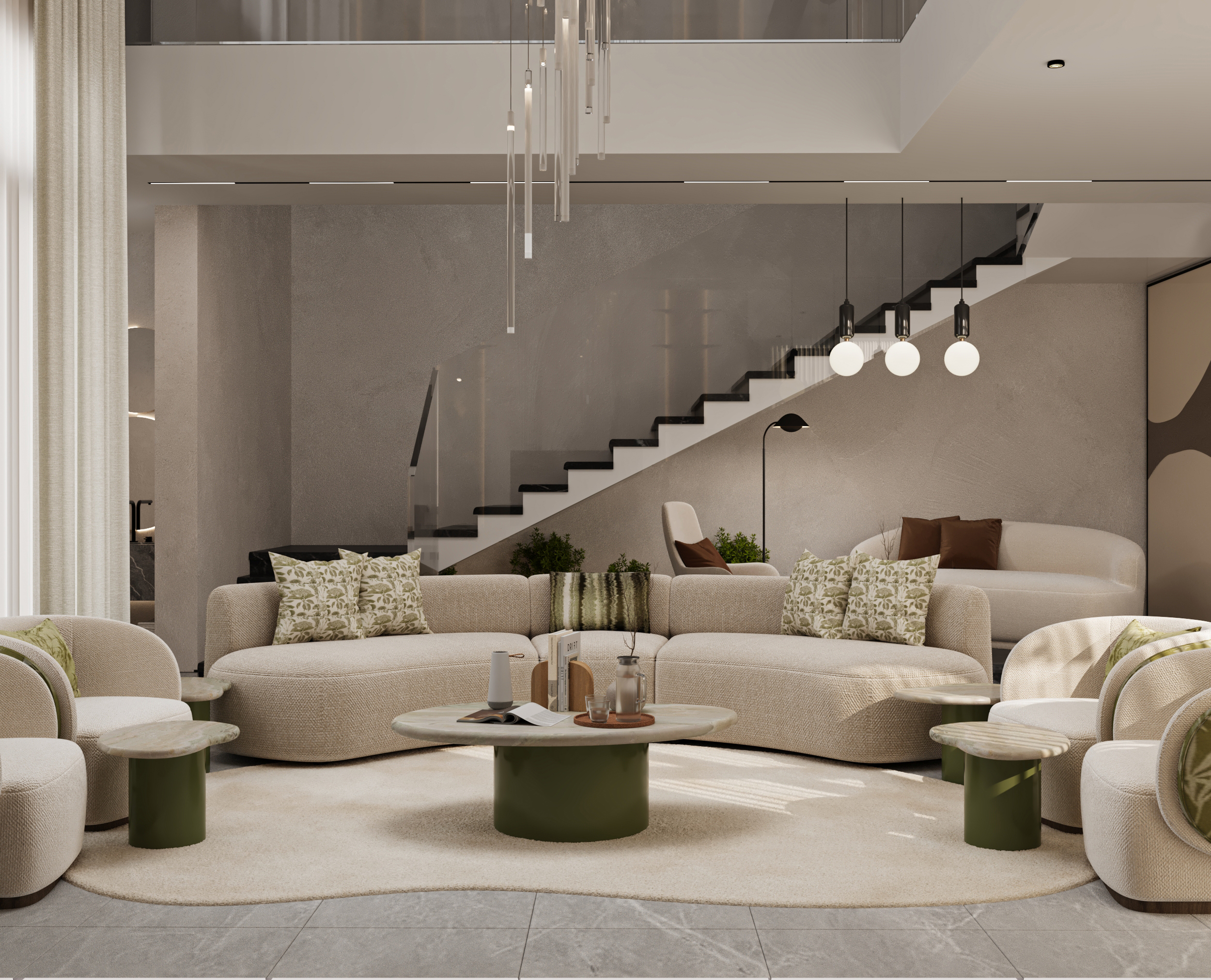 Elegant double-height living space combining modern architecture, artistic wall features, and a warm luxury atmosphere.