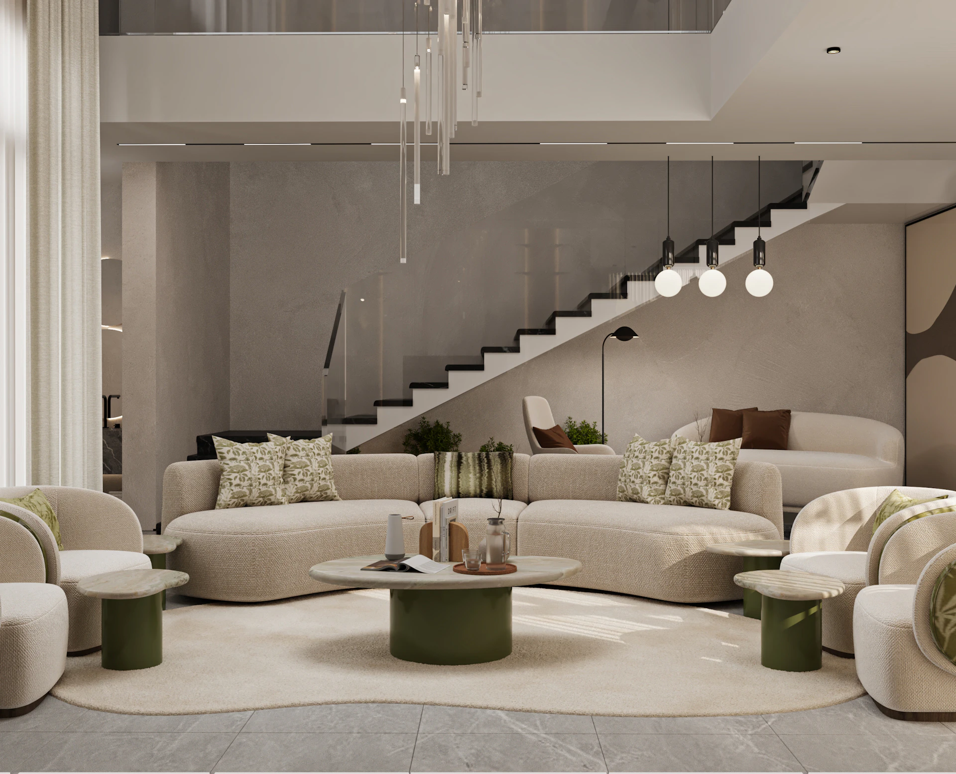 Elegant double-height living space combining modern architecture, artistic wall features, and a warm luxury atmosphere.