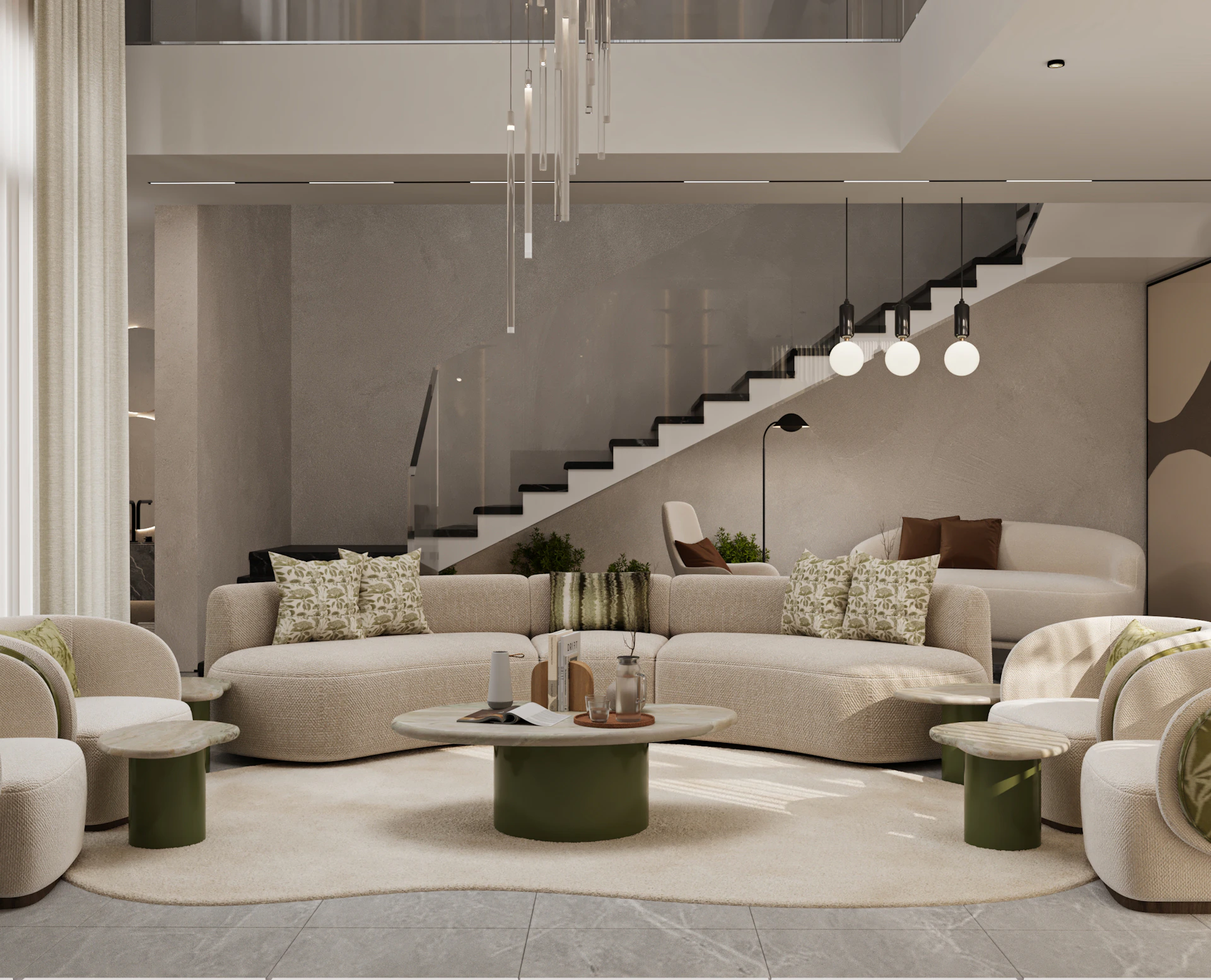 Elegant double-height living space combining modern architecture, artistic wall features, and a warm luxury atmosphere.