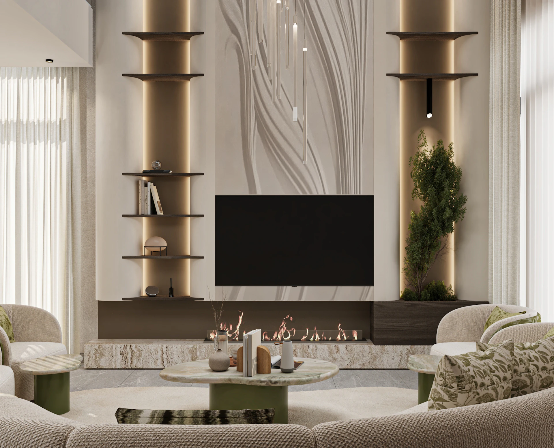 Spacious modern luxury living room featuring a dramatic double-height ceiling and sophisticated interior details.