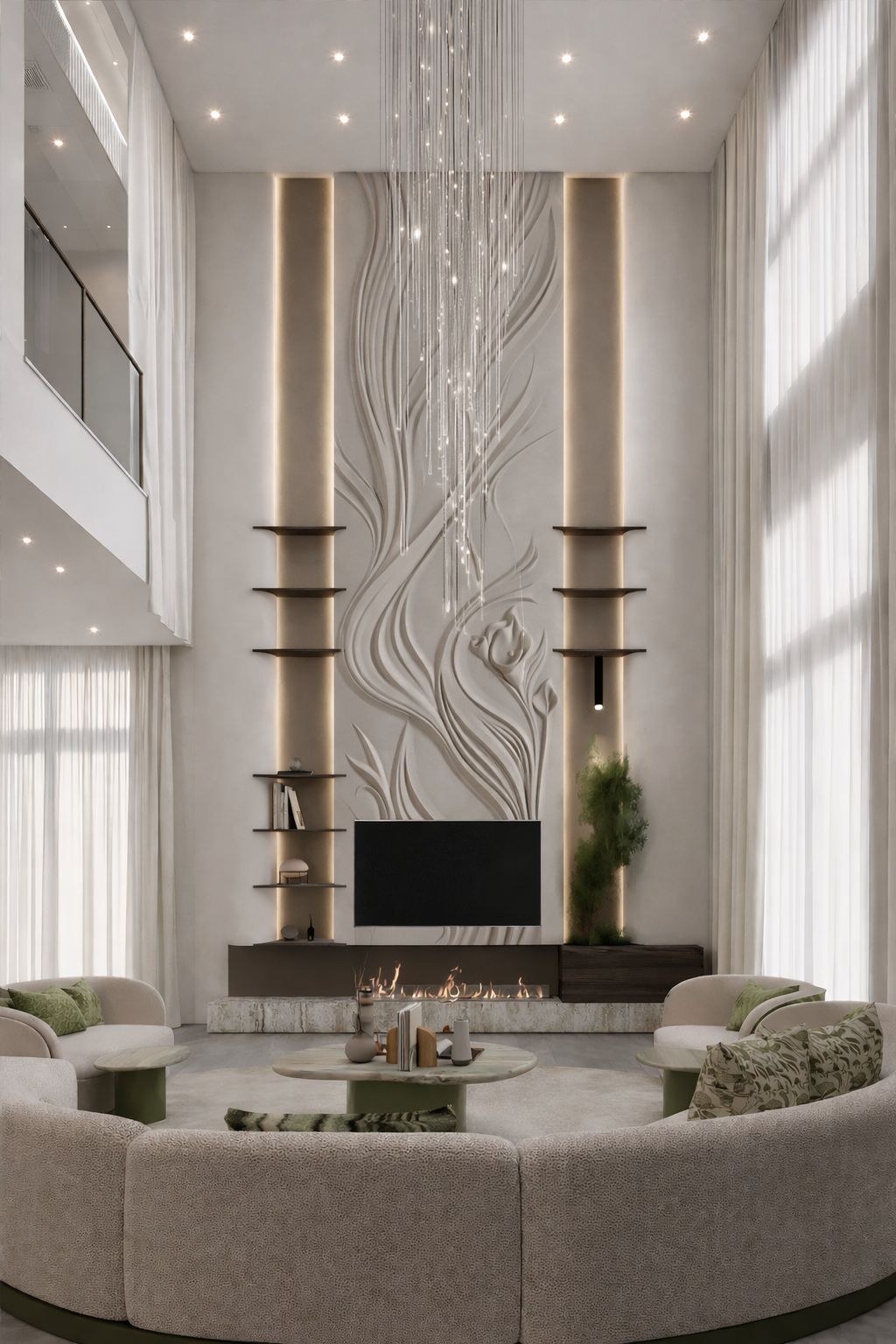Luxury modern double-height living room in Riyadh with elegant contemporary furniture and refined finishes.