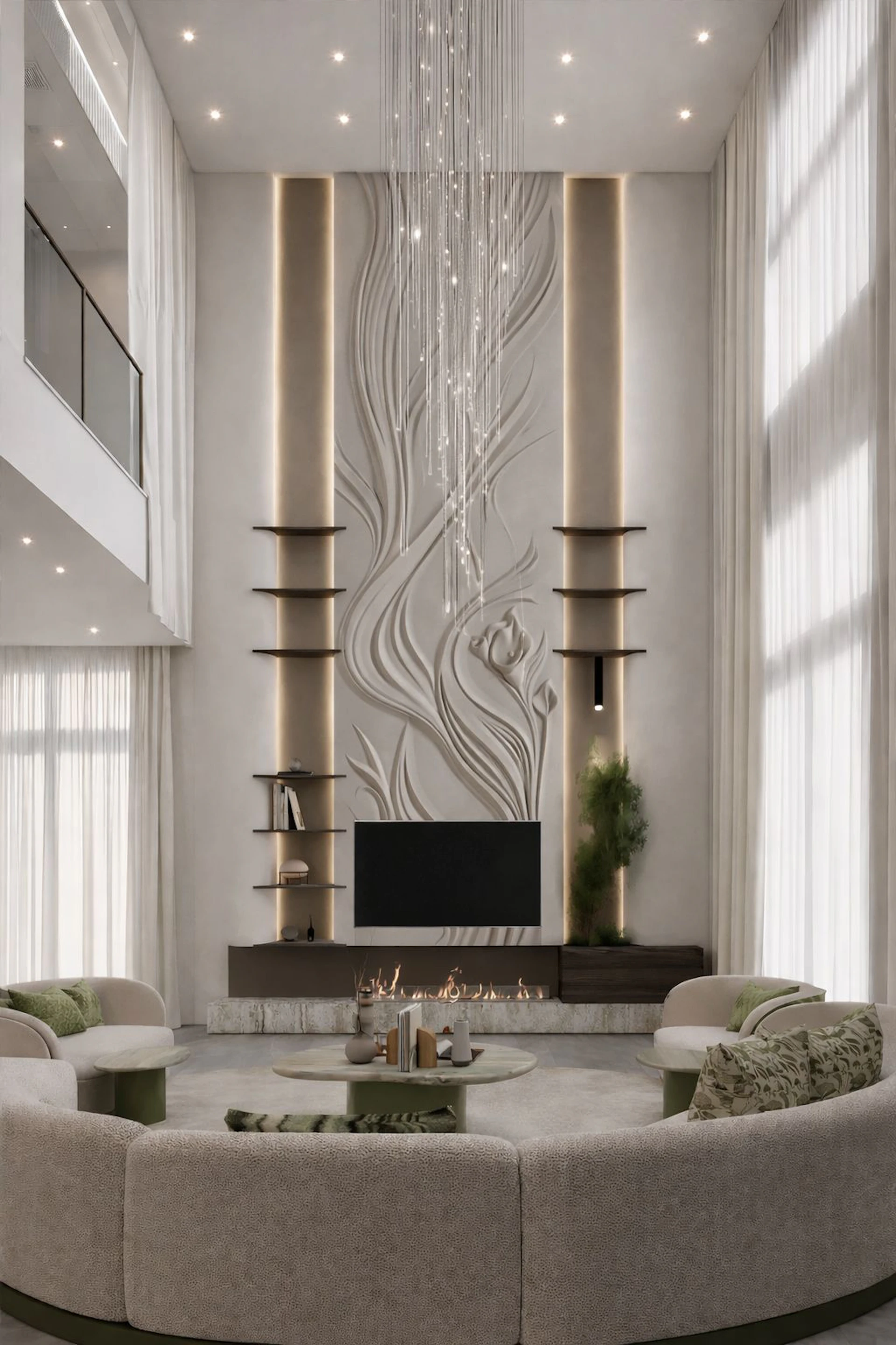Luxury modern double-height living room in Riyadh with elegant contemporary furniture and refined finishes.