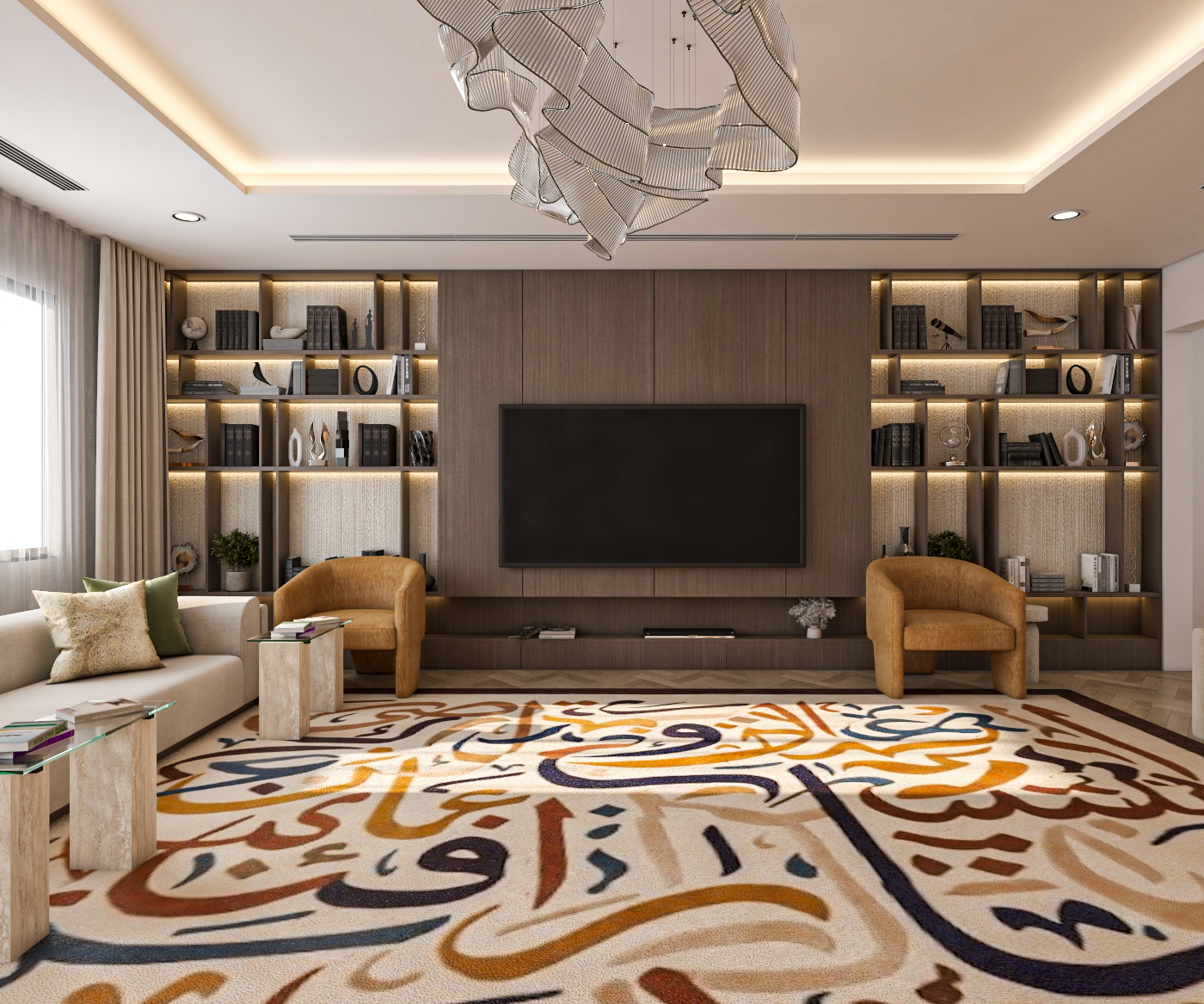 Stylish book club seating area with a warm and contemporary interior atmosphere in Riyadh.