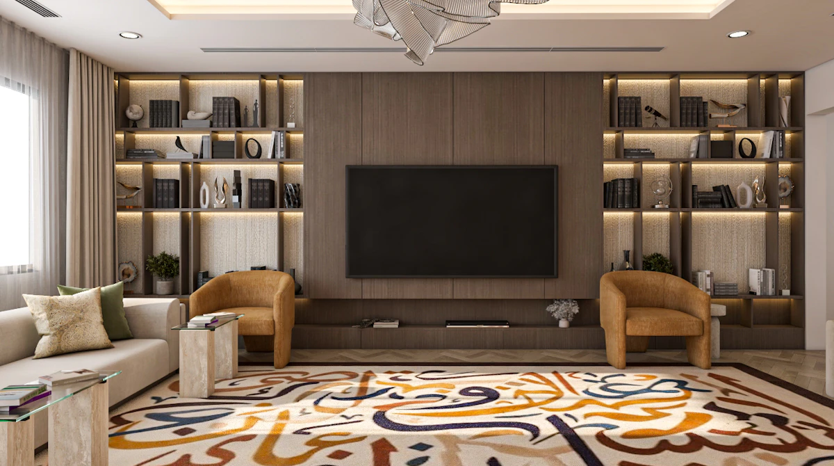 Stylish book club seating area with a warm and contemporary interior atmosphere in Riyadh.