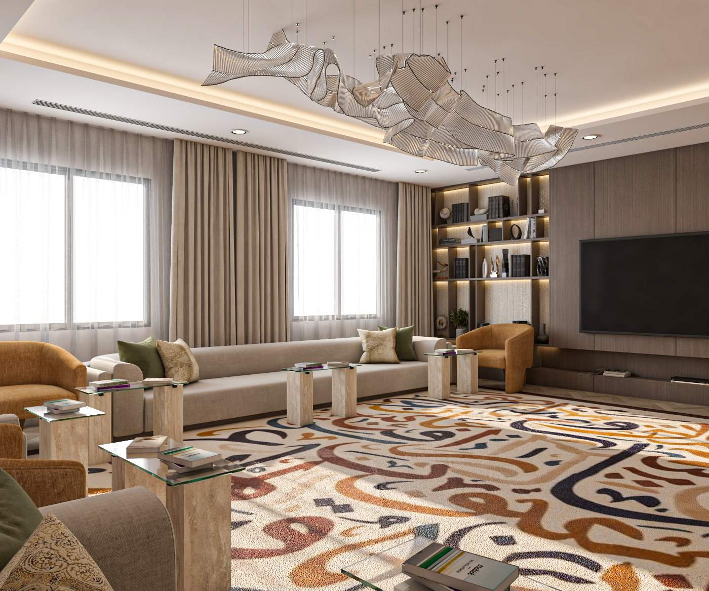 Interior design concept for a modern book club that blends culture, comfort, and social interaction.