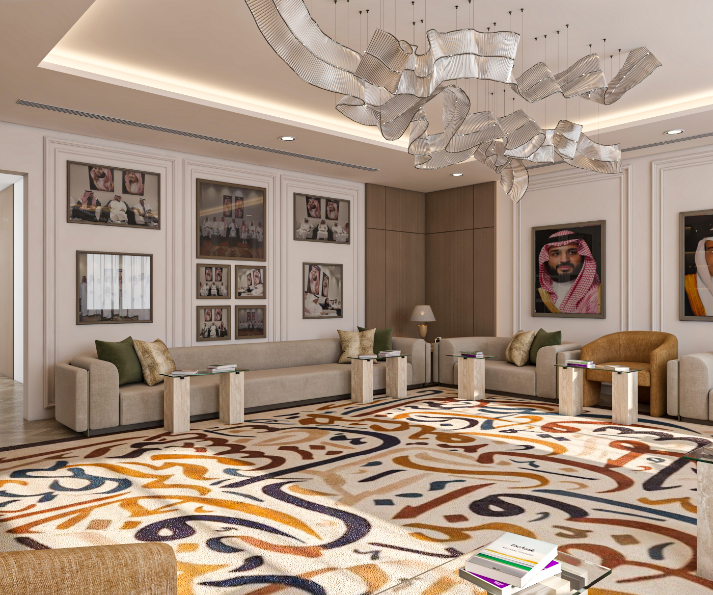 Contemporary book club interior design in Riyadh with inviting reading and social spaces.