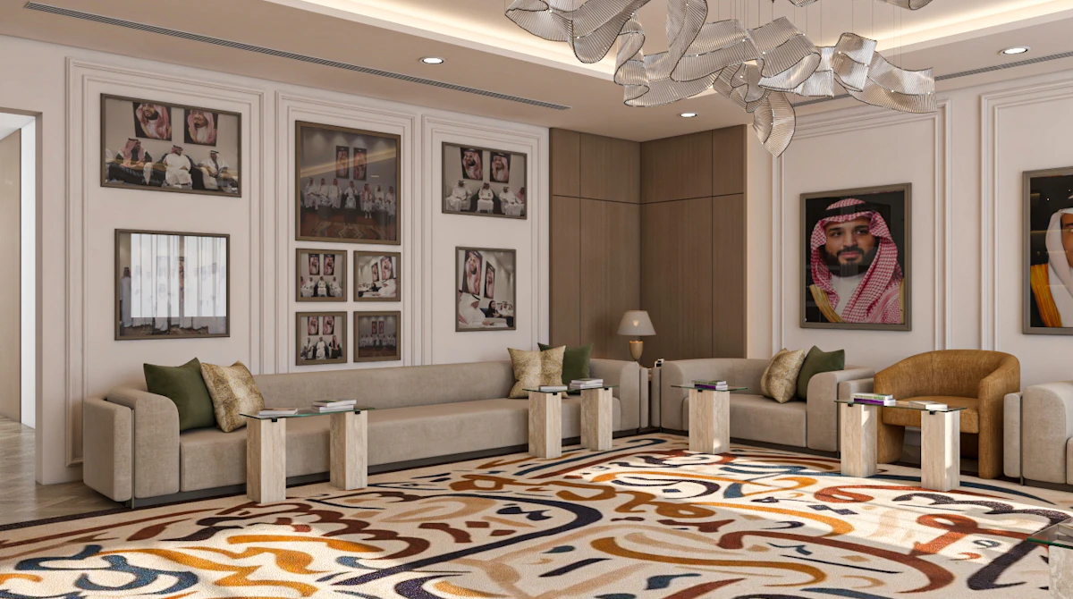 Contemporary book club interior design in Riyadh with inviting reading and social spaces.