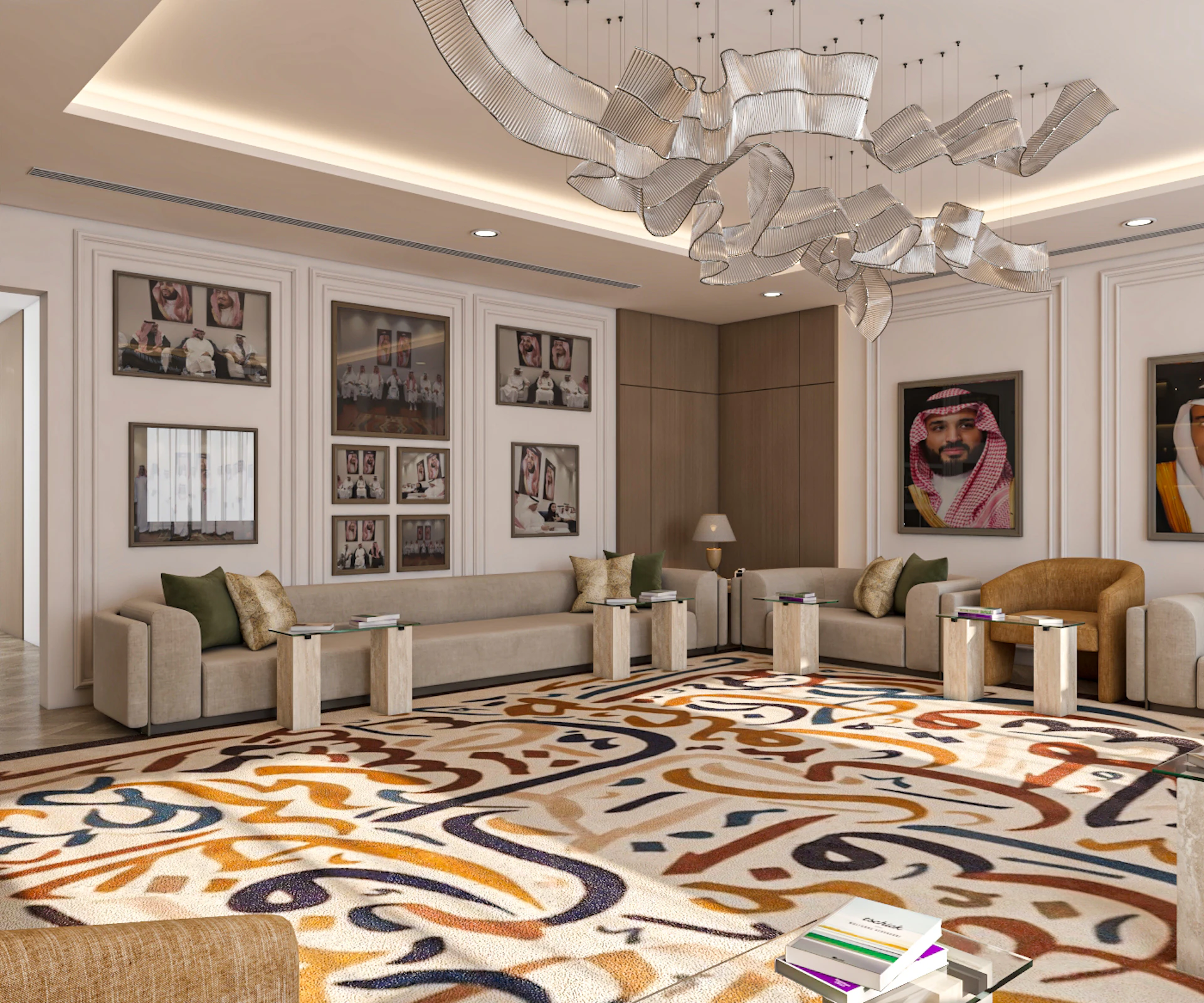 Contemporary book club interior design in Riyadh with inviting reading and social spaces.