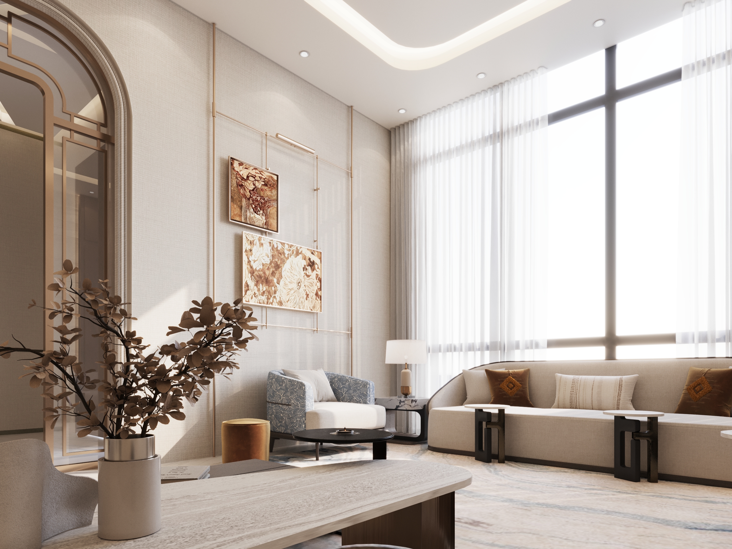 تصميم مجلس عصري راقٍ في الرياض يجمع بين الراحة والفن والفخامة