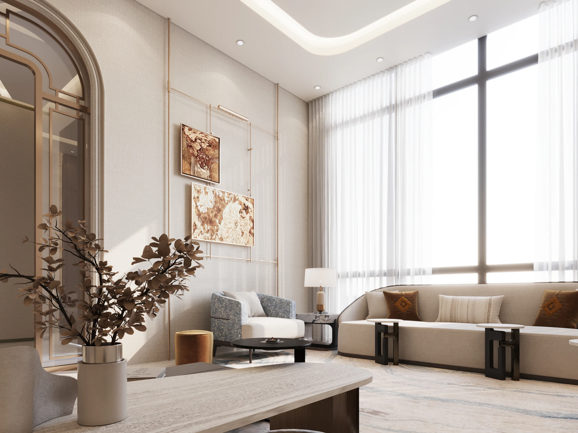 تصميم مجلس عصري راقٍ في الرياض يجمع بين الراحة والفن والفخامة