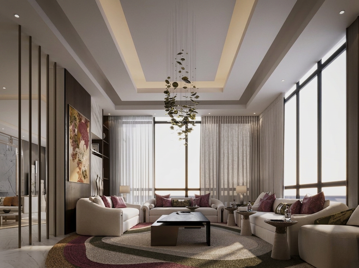 Luxury modern living room with statement cascading chandelier