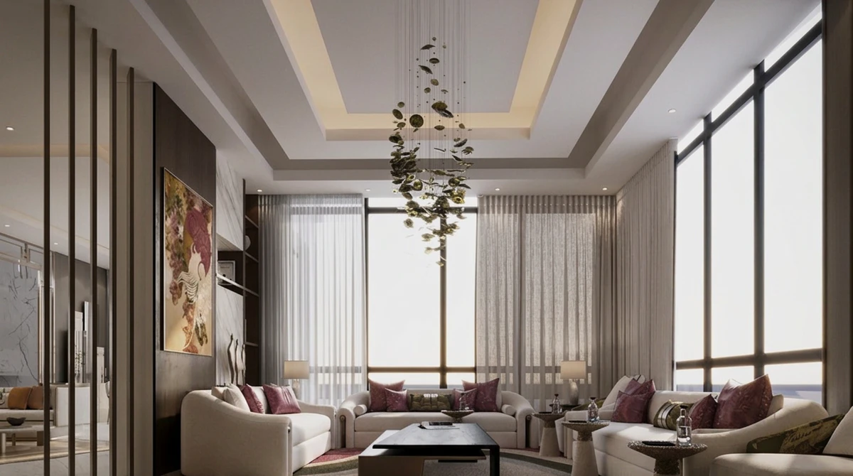 Luxury modern living room with statement cascading chandelier
