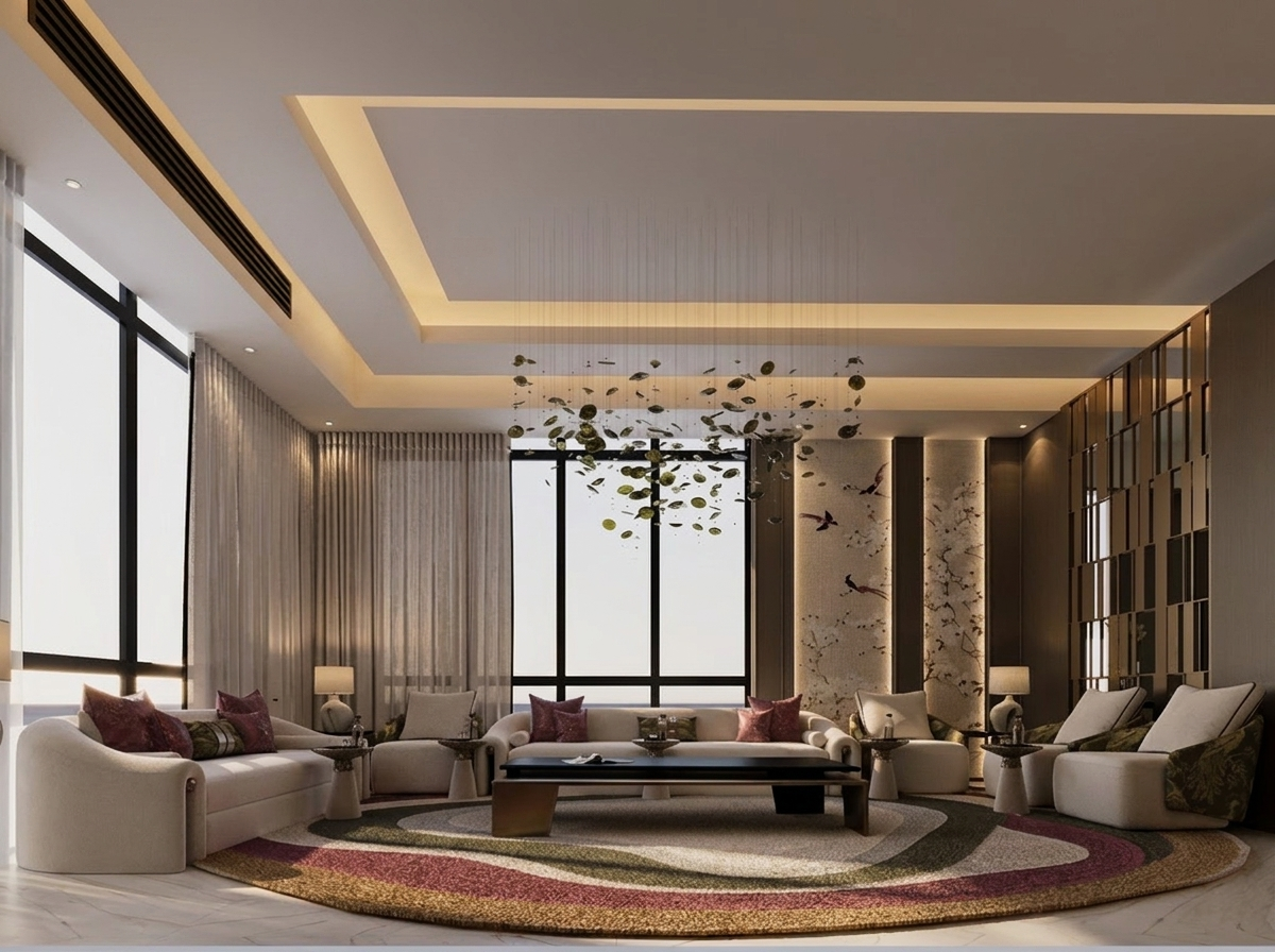 تصميم صالة معيشة عصرية بألواح رخامية وفواصل خشبية