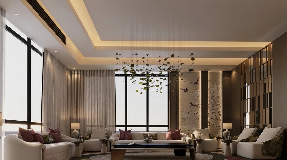 Contemporary living room design featuring marble wall panels and wood fin partition
