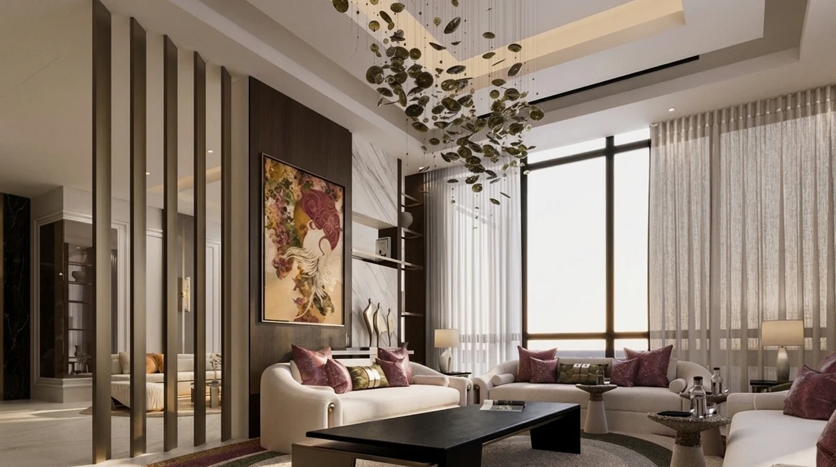 Elegant living room interior with cream sofas and burgundy velvet pillows