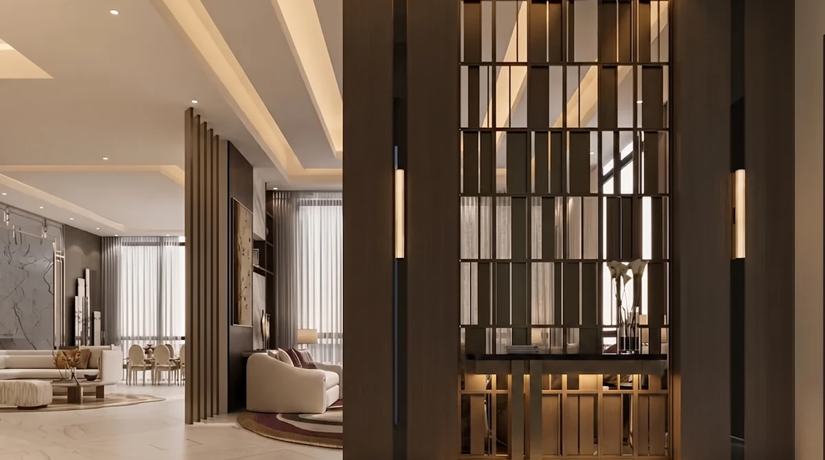 Modern luxury lounge with floor-to-ceiling windows and city view