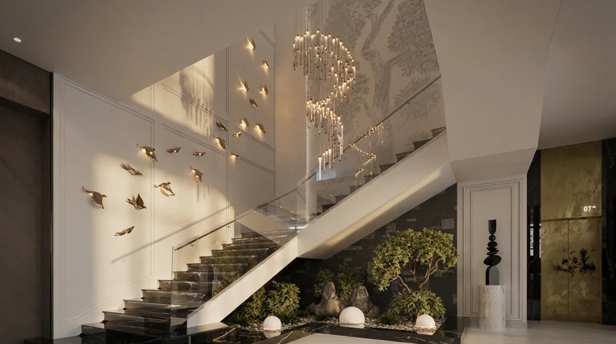 Sculptural chandelier centerpiece in a high-end living room design