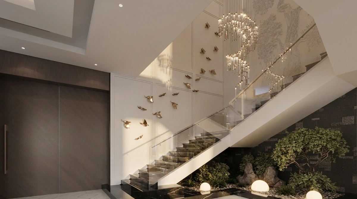 Luxury interior design with custom medallion area rug and black coffee table