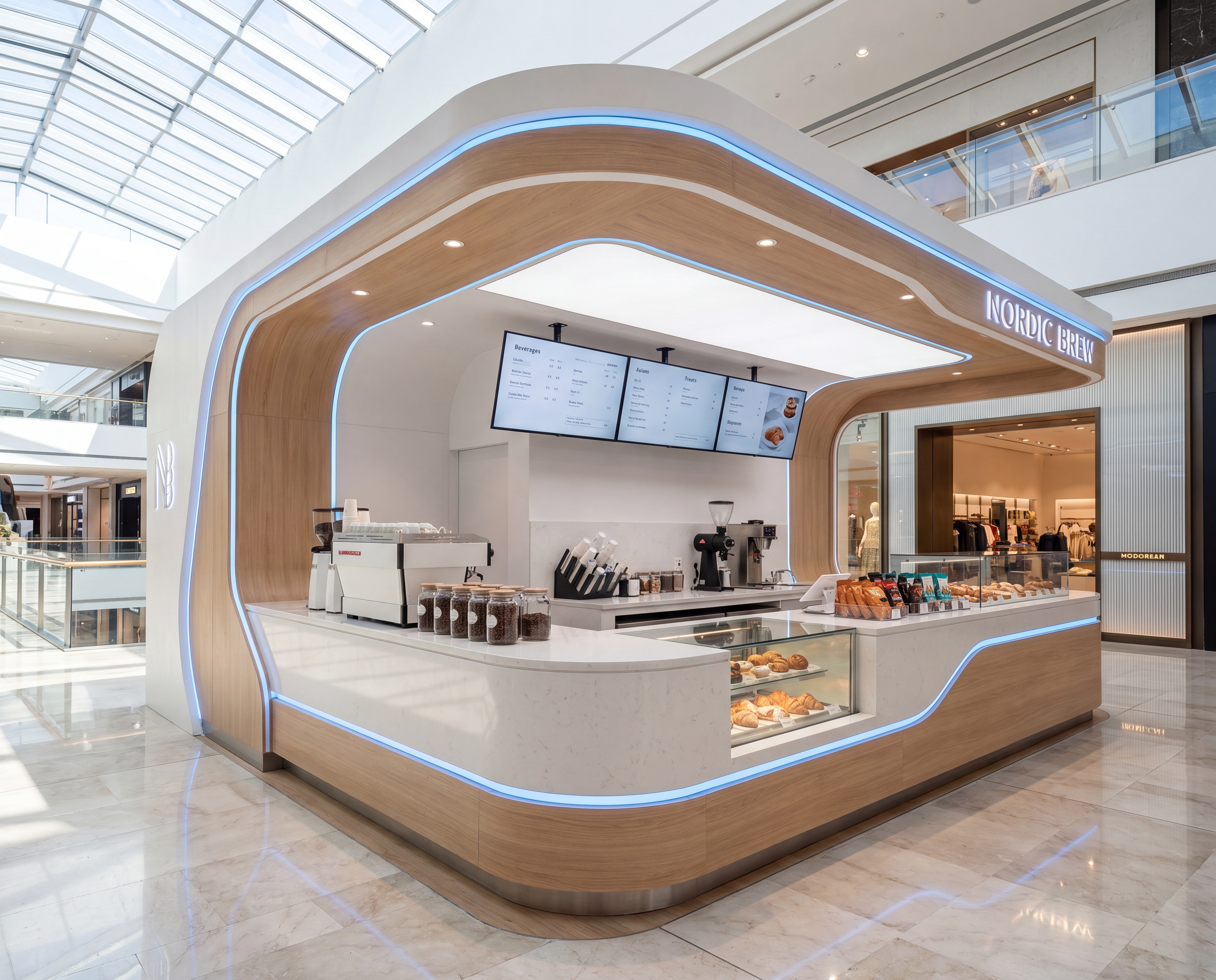 modern wood panel kiosk mall island white and brown