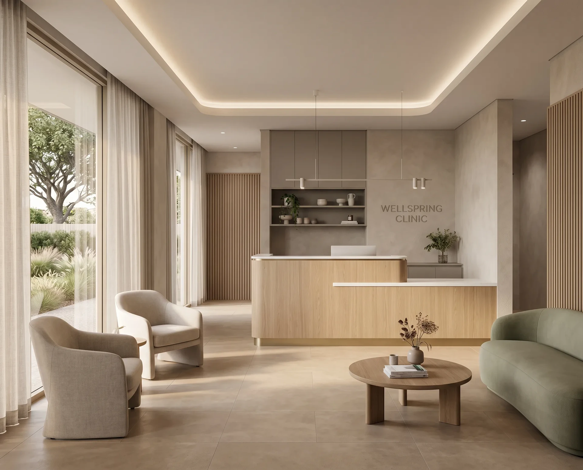 calm serene clinic beauty health waiting room reception desk glass windows