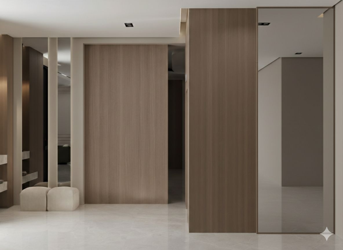 A modern, minimalist hallway features smooth, beige walls with wooden paneling, sleek mirrors, and a polished, light marble floor, creating a spacious and elegant interior design.
