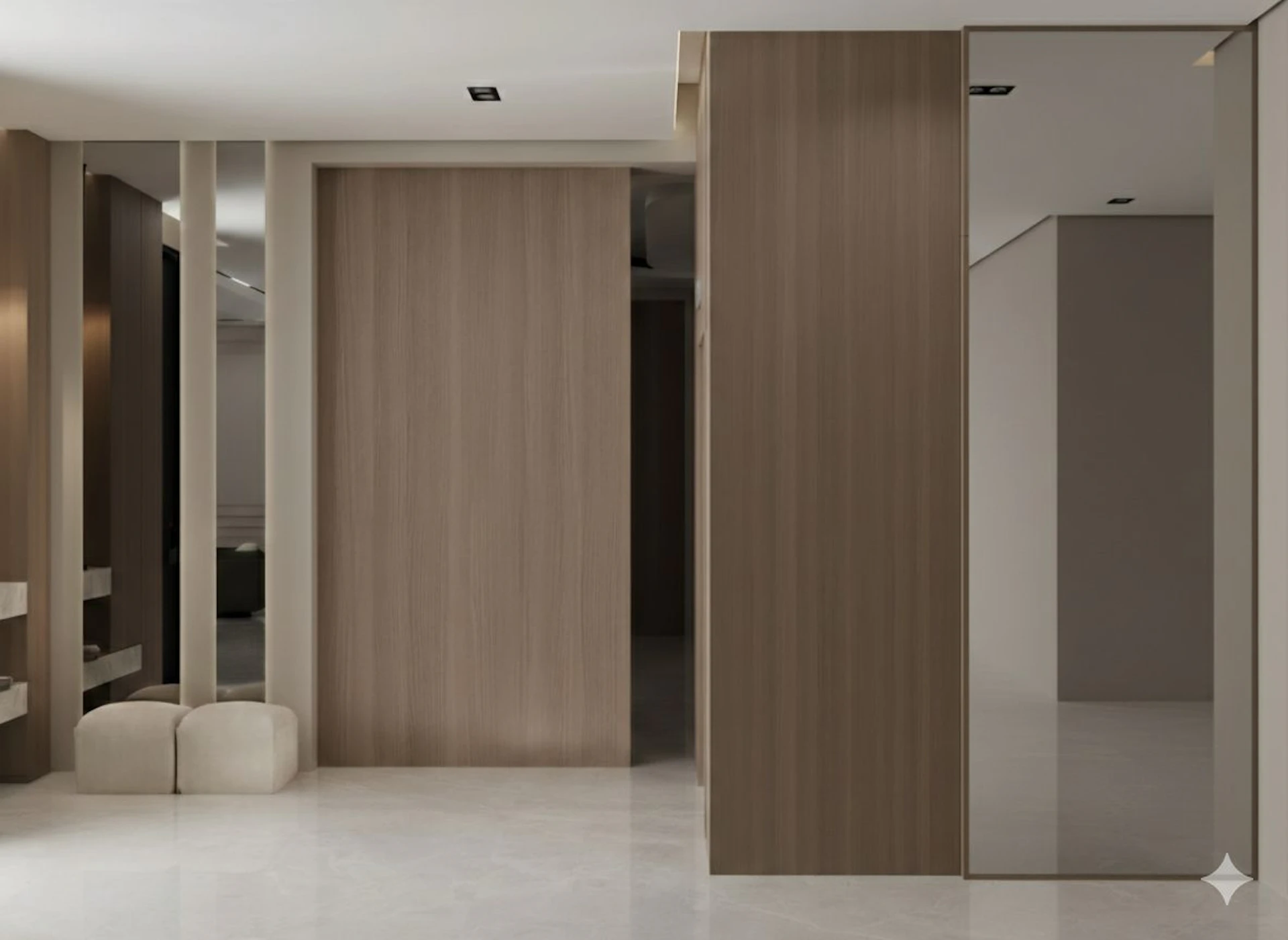 A modern, minimalist hallway features smooth, beige walls with wooden paneling, sleek mirrors, and a polished, light marble floor, creating a spacious and elegant interior design.